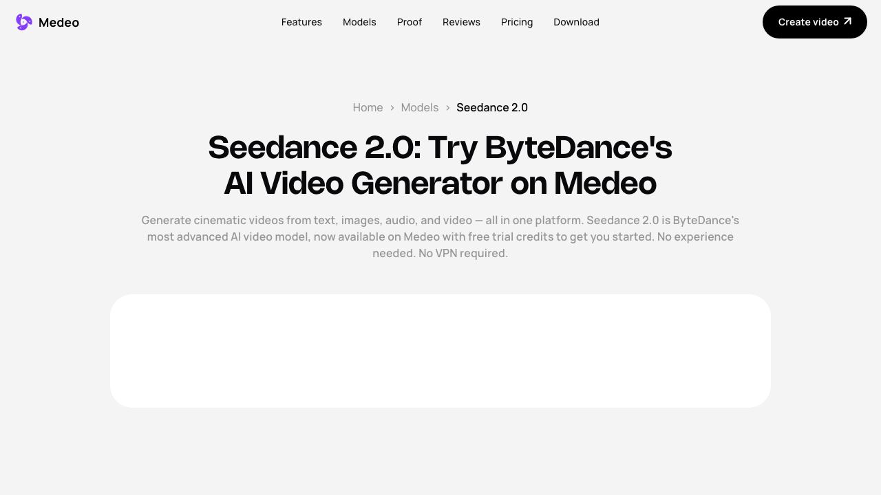 Medeo Seedance 2.0 website screenshot