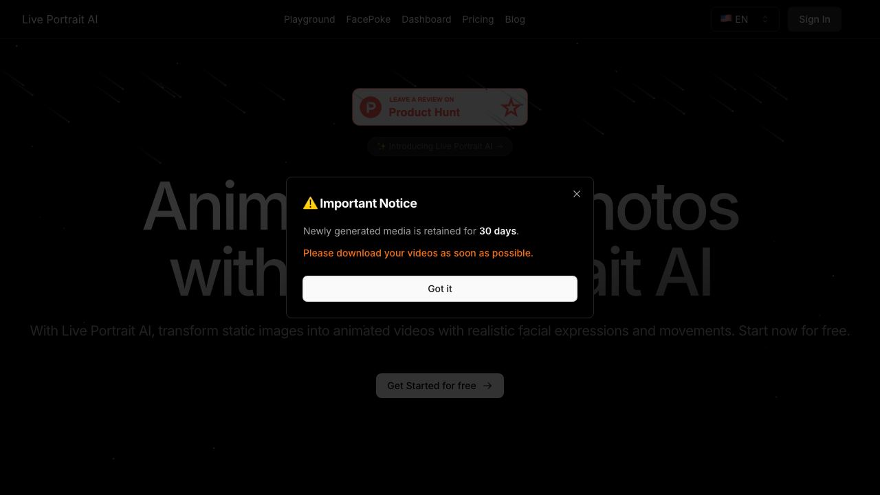 Live Portrait AI website screenshot