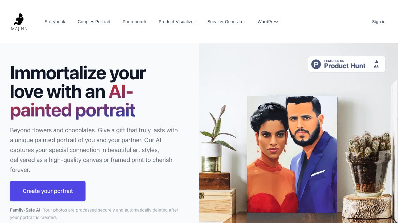 AI Couple Portrait Canvas by Imajinn AI website screenshot