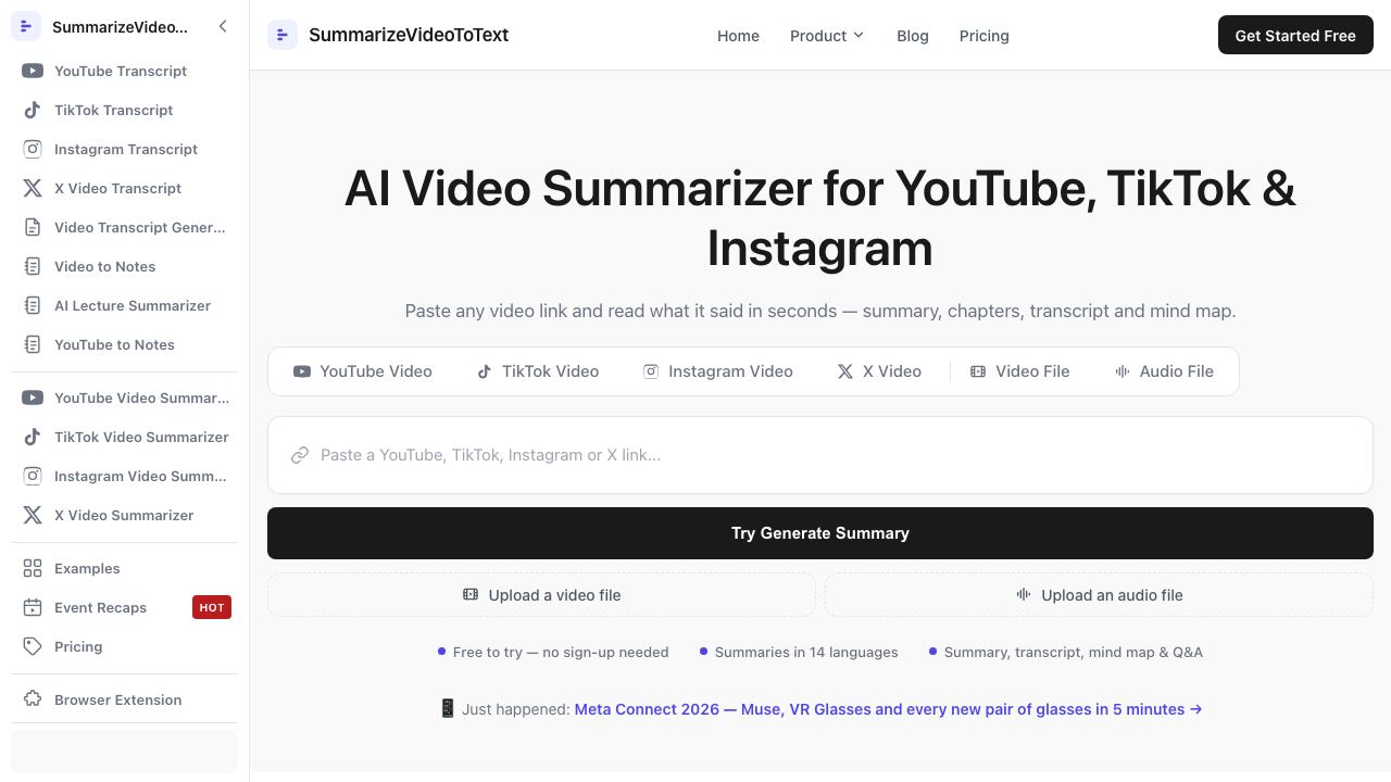 SummarizeVideoToText 网站截图
