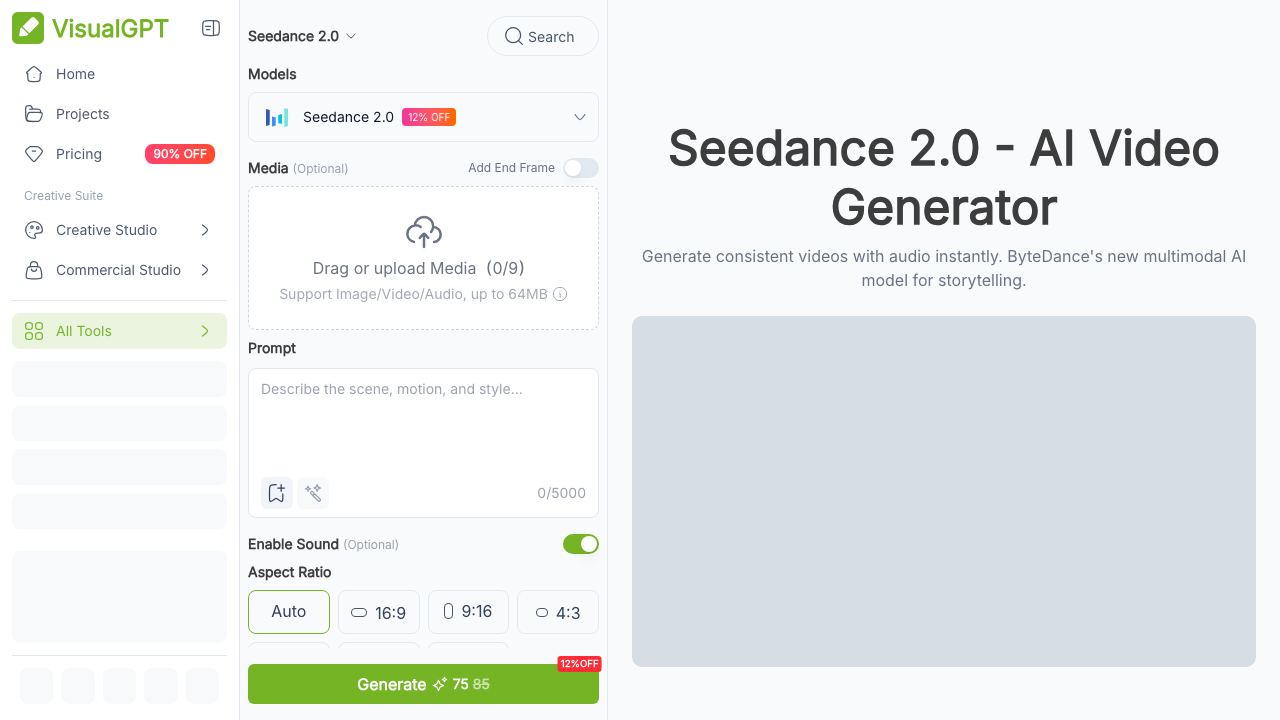 Seedance 2.0 - visualgpt 网站截图