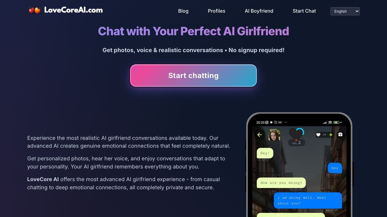 LoveCore AI website screenshot