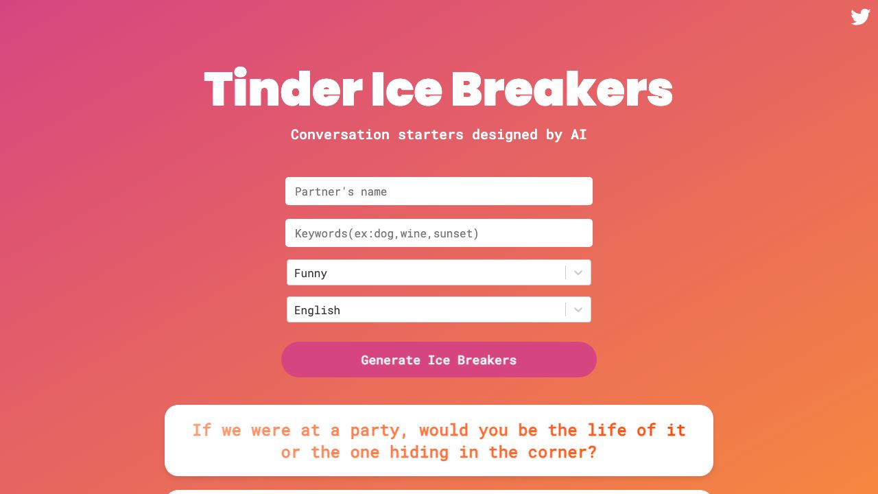 Tinder Ice Breakers website screenshot
