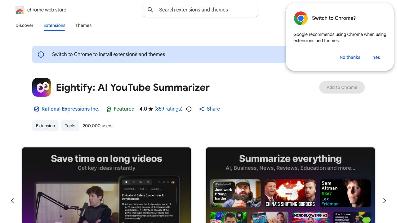Eightify: AI YouTube Summary with ChatGPT 网站截图