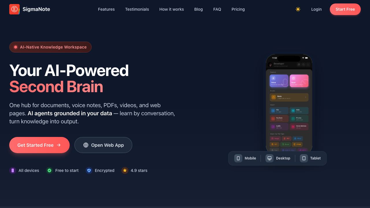 SigmaNote - your second brain website screenshot