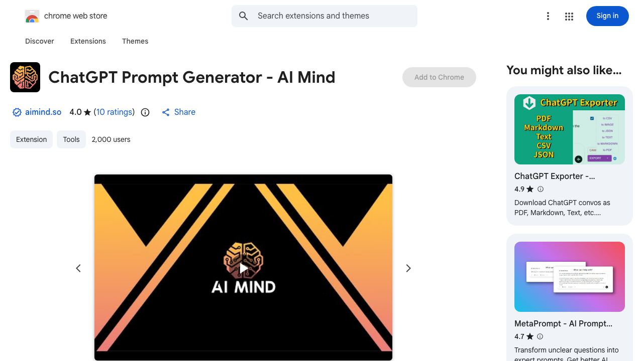 ChatGPT Prompt Generator - AI Mind 网站截图