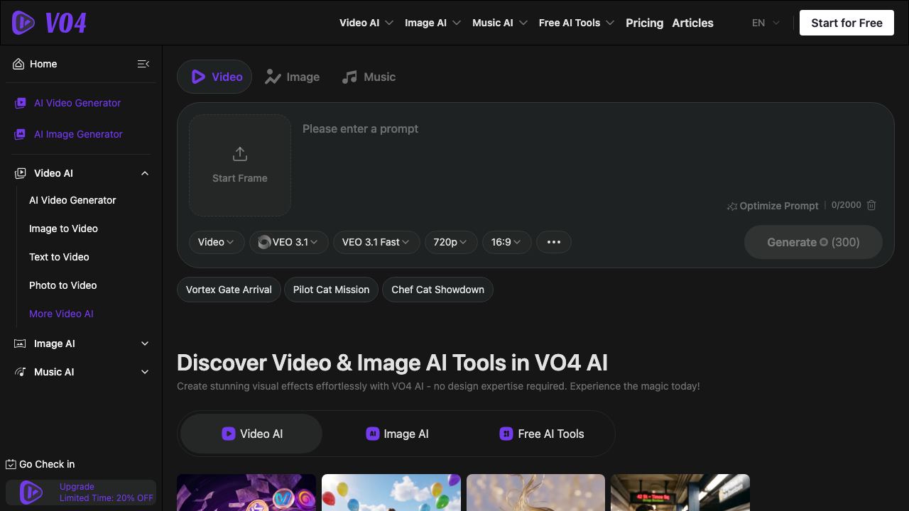 VO4 AI Video Generator 网站截图