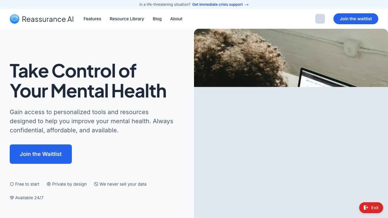 Reassurance AI (Beta) website screenshot