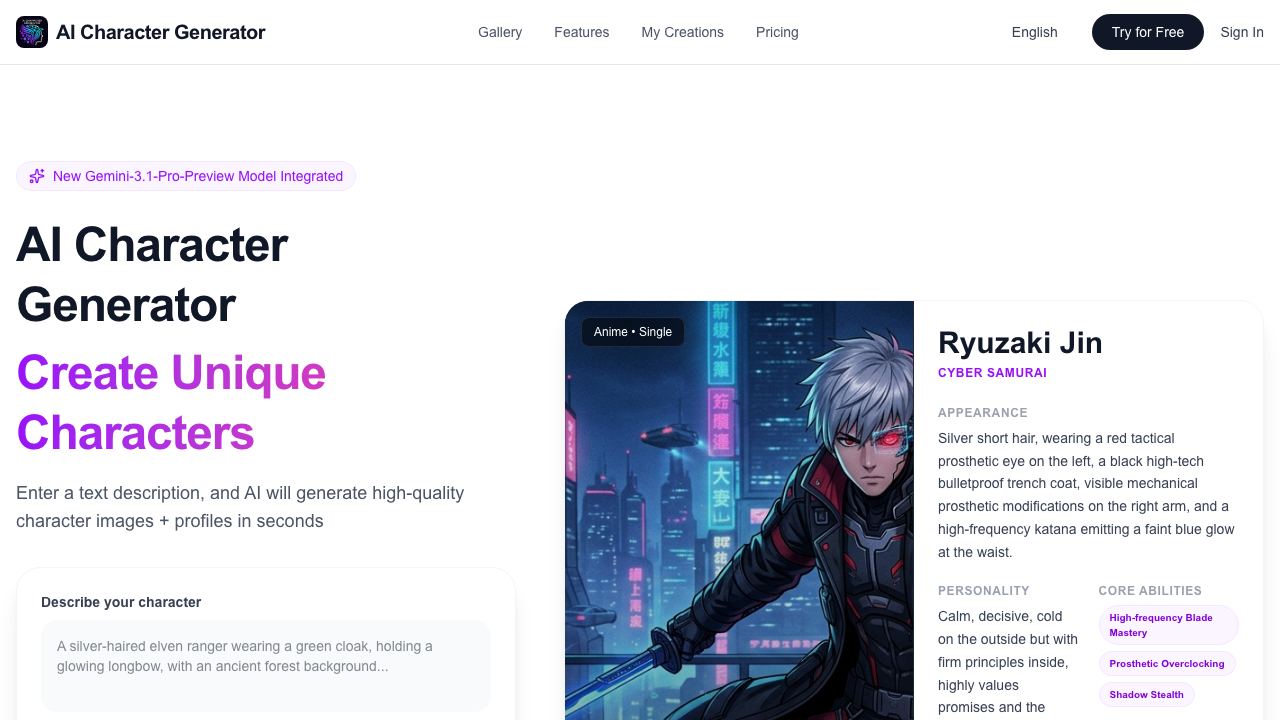 AI Character Generator – Create Realistic Virtual Characters from Photos website screenshot
