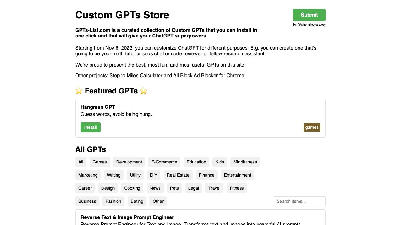 Custom GPTs Store 网站截图