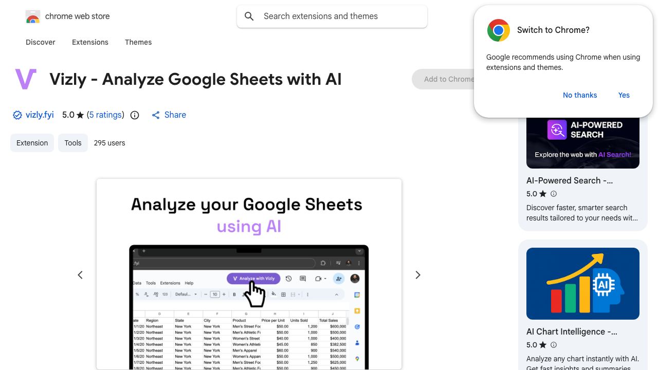 Vizly - Analyze Google Sheets with AI 网站截图