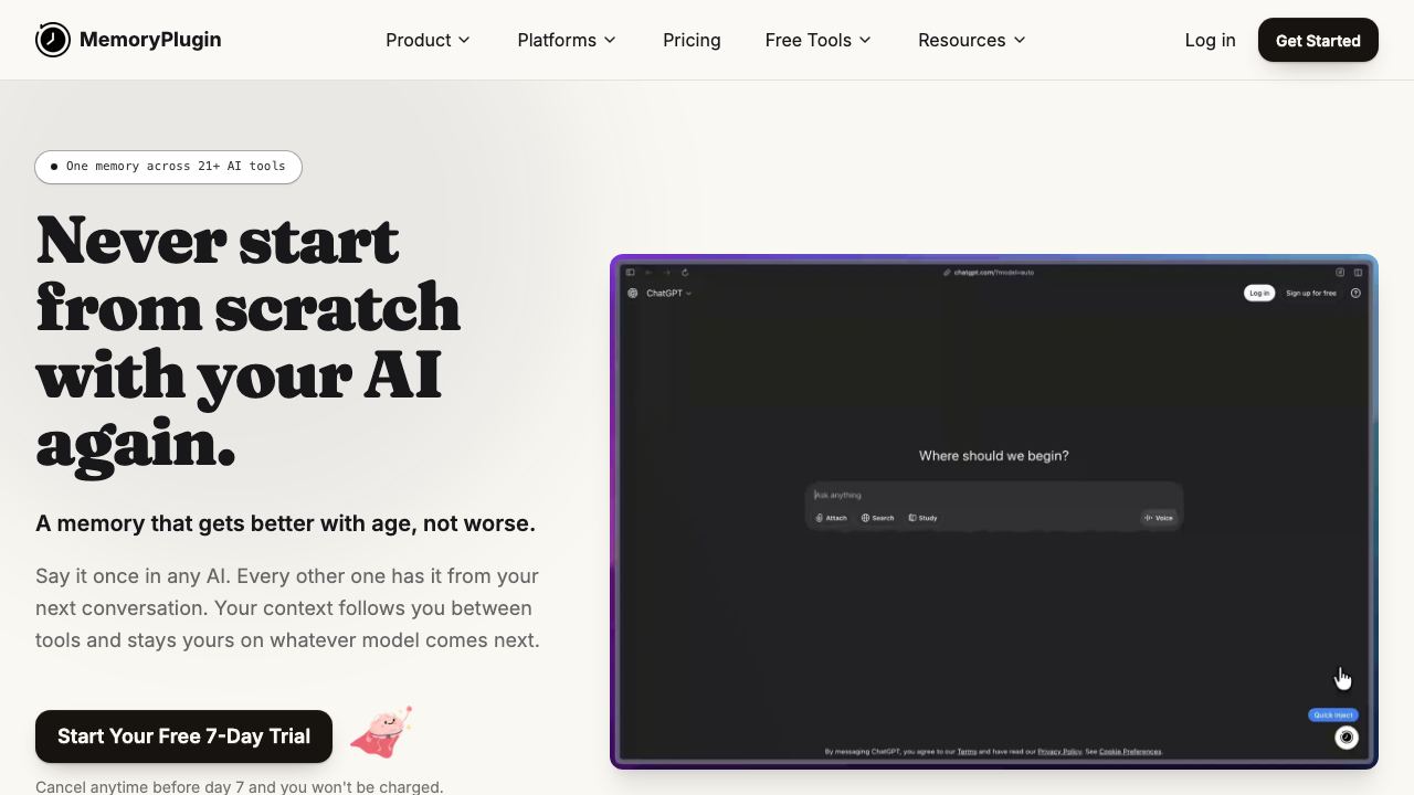 Memory Plugin website screenshot