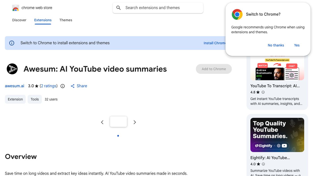 Awesum: AI YouTube video summaries 网站截图