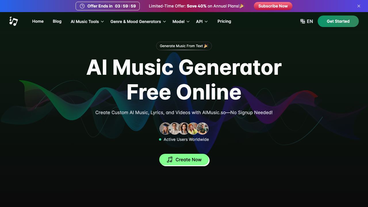 Suno Music Generator website screenshot
