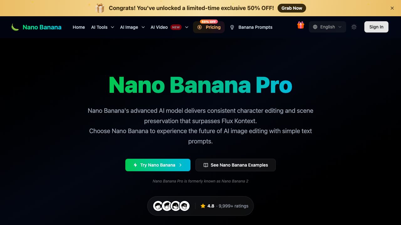 Nano Banana - AI Image Generator website screenshot