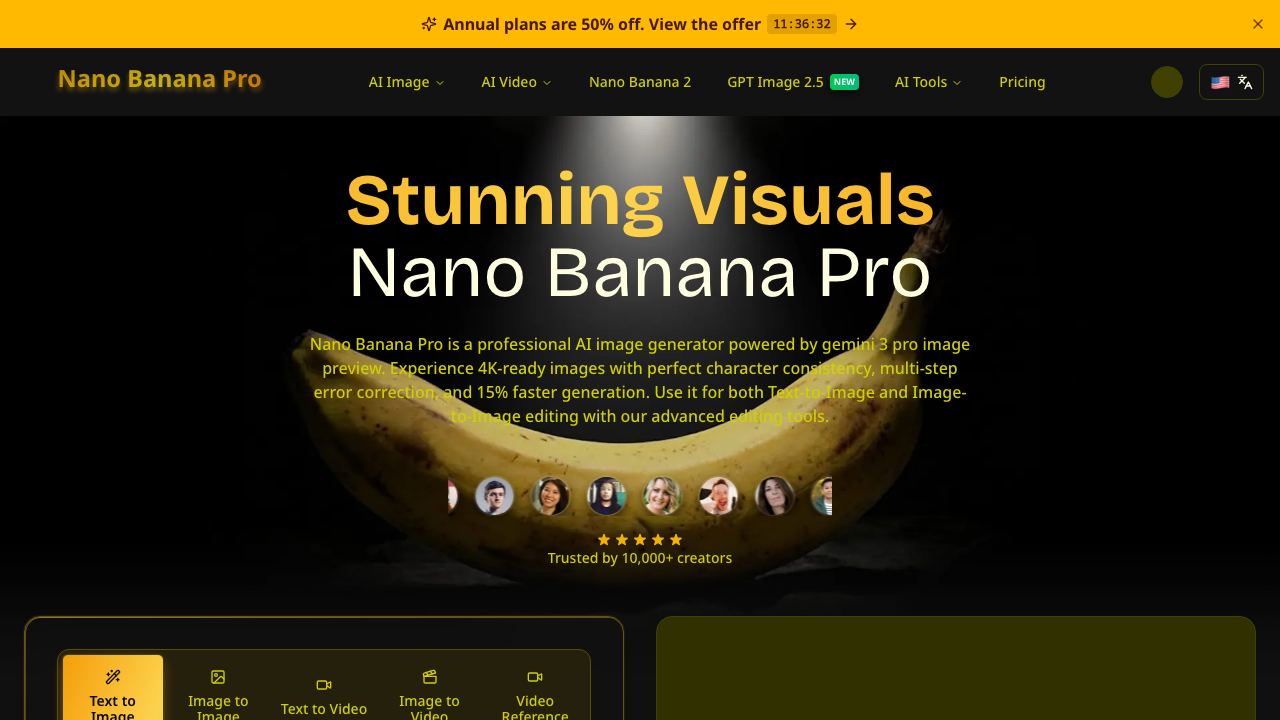 Nano Banana Pro | Free AI Image Generator for Stunning Visuals website screenshot