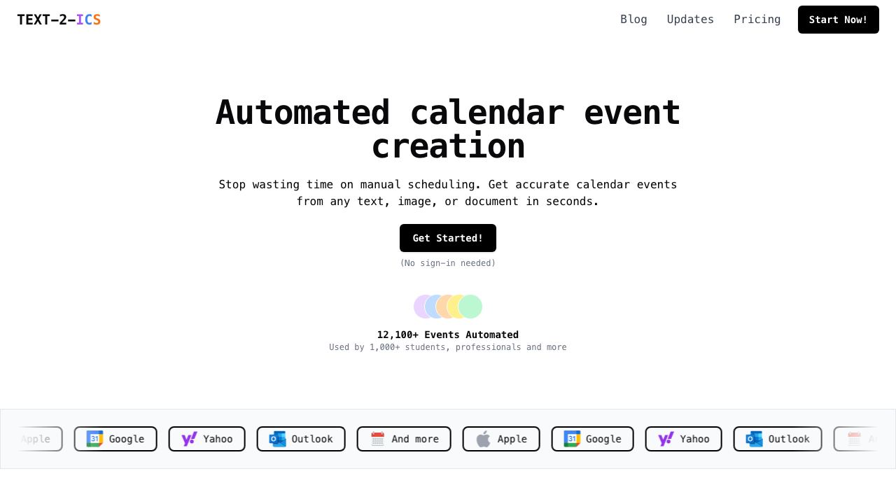 Text-2-ICS website screenshot