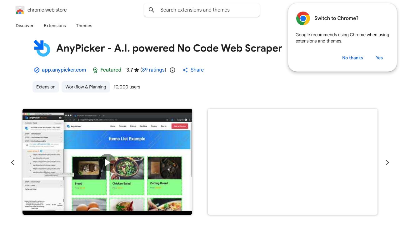 AnyPicker - A.I. powered No Code Web Scraper website screenshot