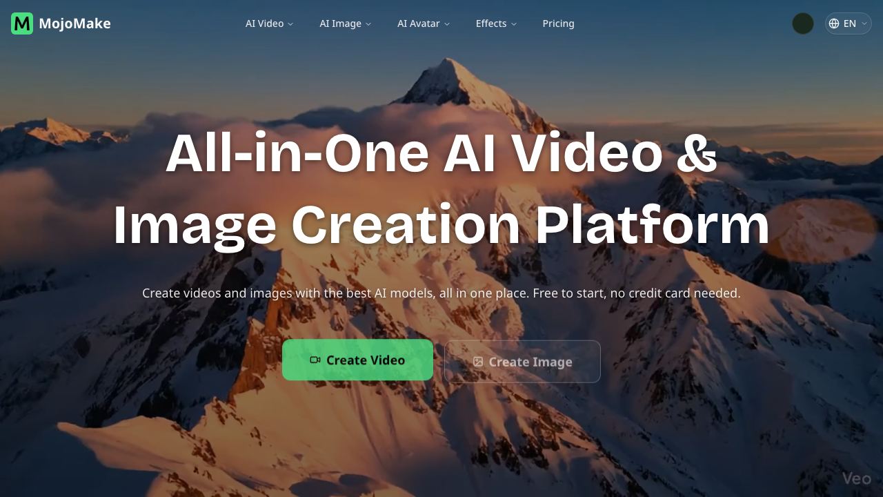 MojoMake All-in-One AI Video & Image Creation Platform website screenshot