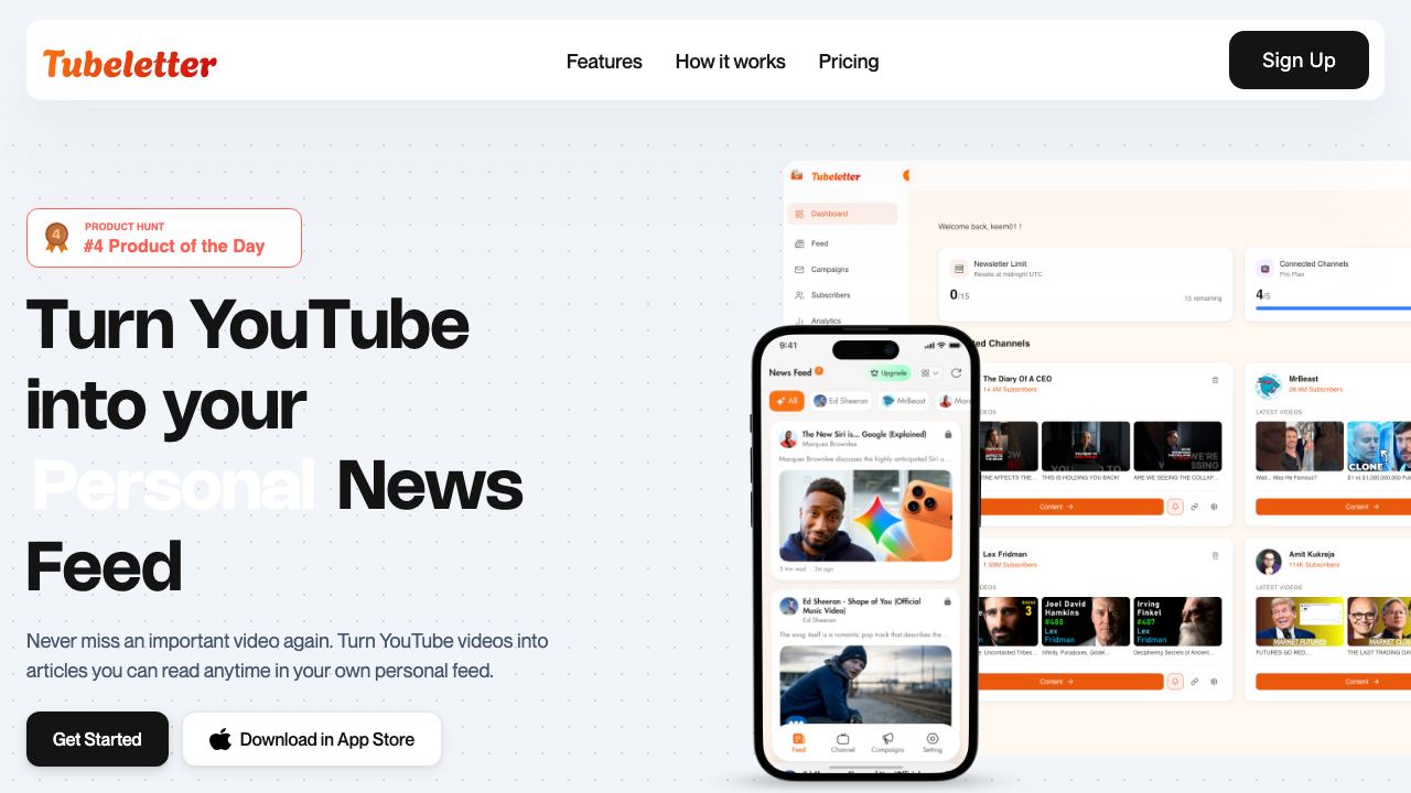 Tubeletter website screenshot