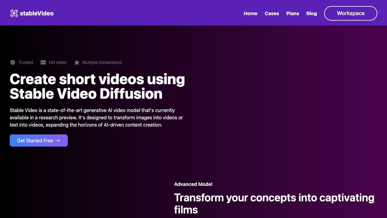 Stable Video website screenshot