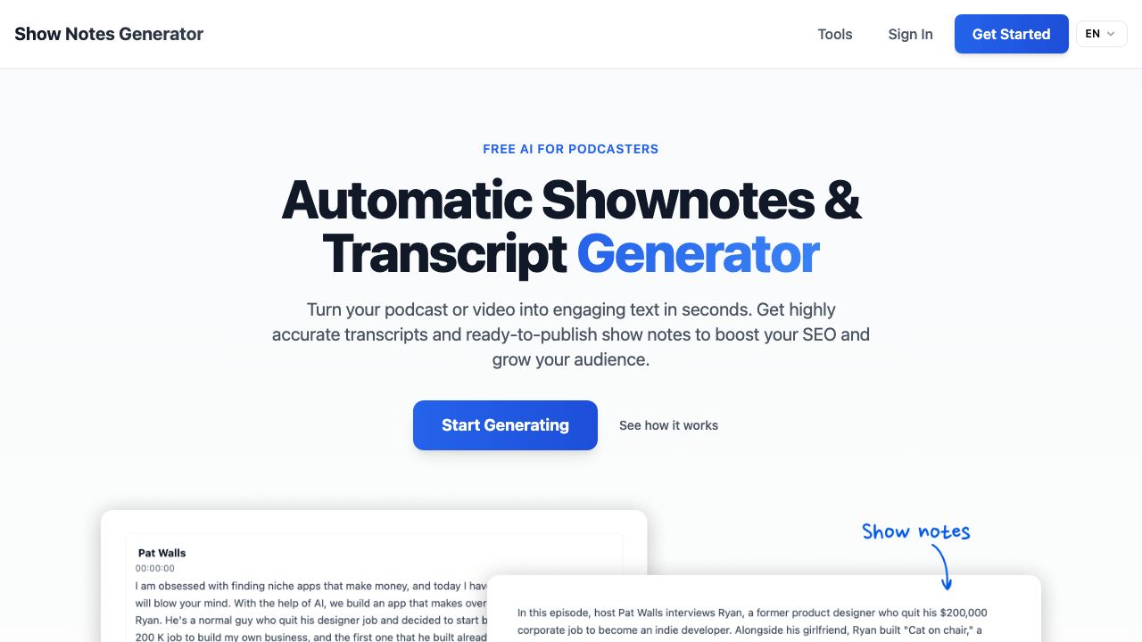 Podcast Shownotes Generator 网站截图
