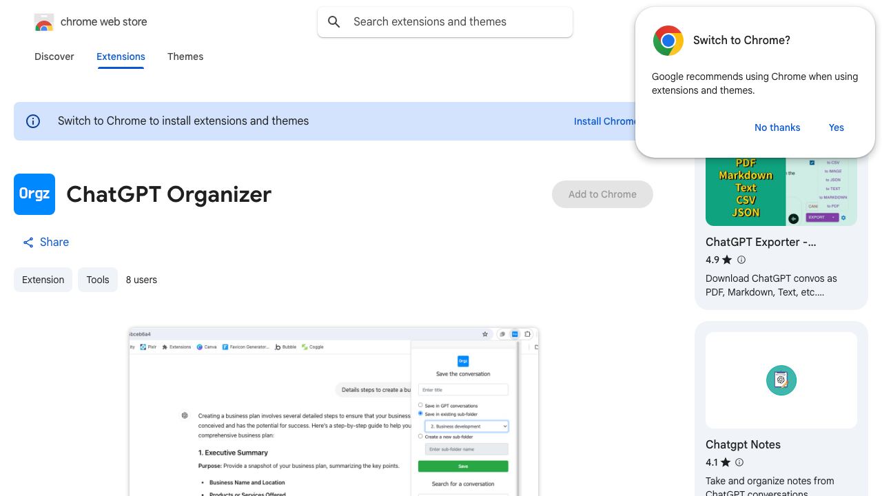 ChatGPT Organizer website screenshot