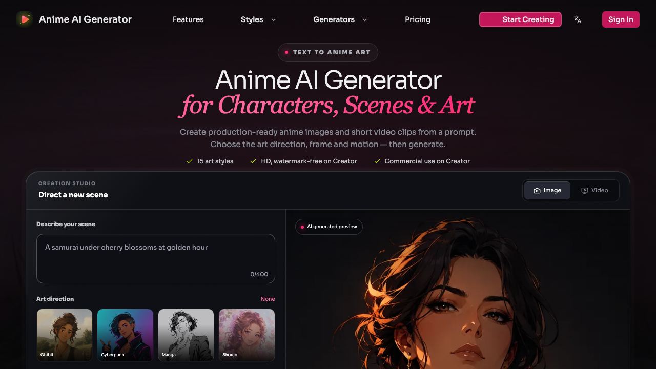 Anime AI Generator website screenshot