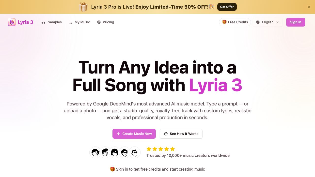 Lyria 3 Pro - AI Music Generator 网站截图