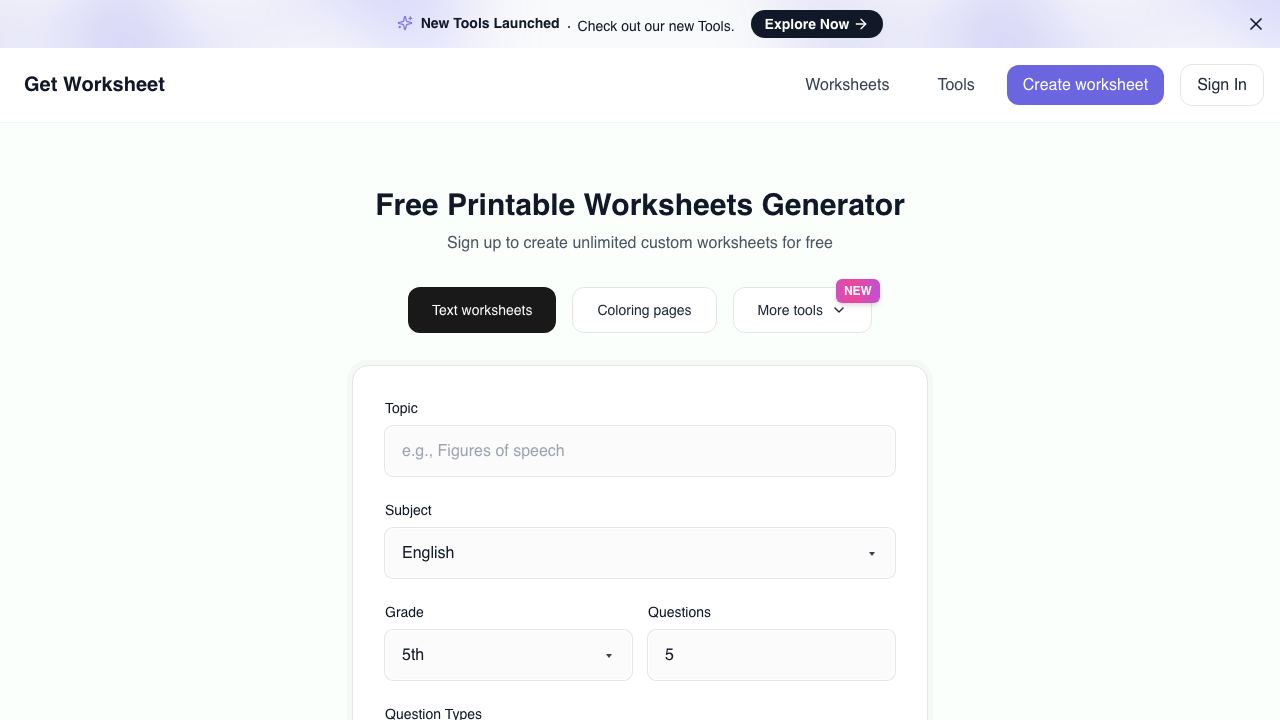 Get Worksheet website screenshot