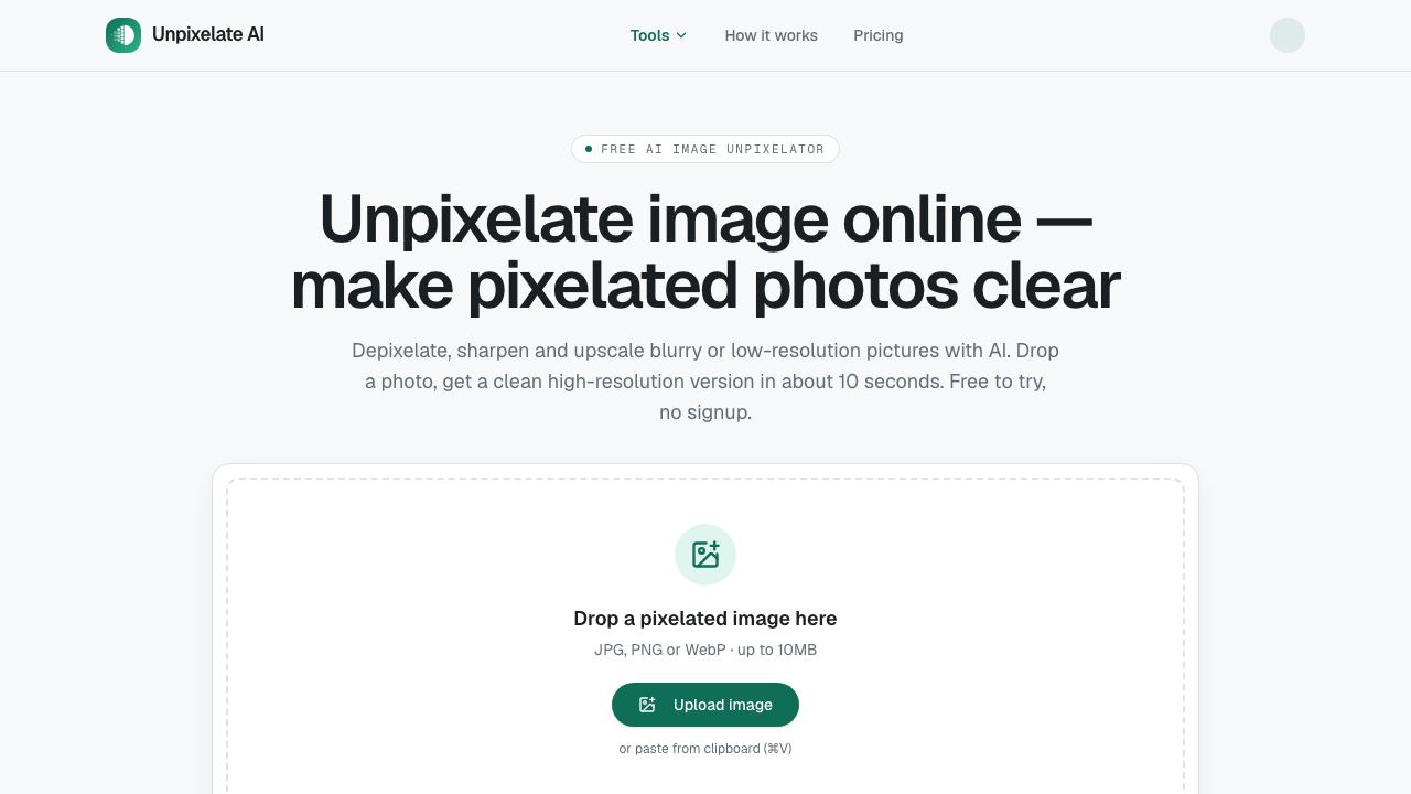 Unpixelate AI 网站截图