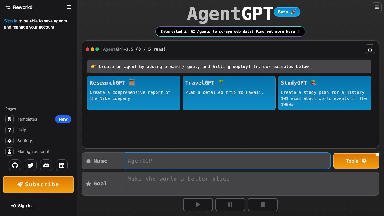 AgentGPT 网站截图