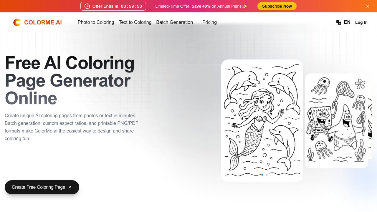 ColorMe.ai：Free AI Coloring Page Generator 网站截图