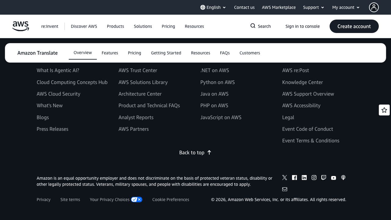 Amazon Translate website screenshot