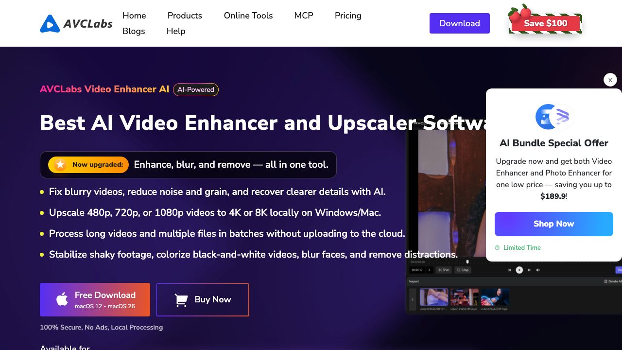AVCLabs Video Enhancer website screenshot
