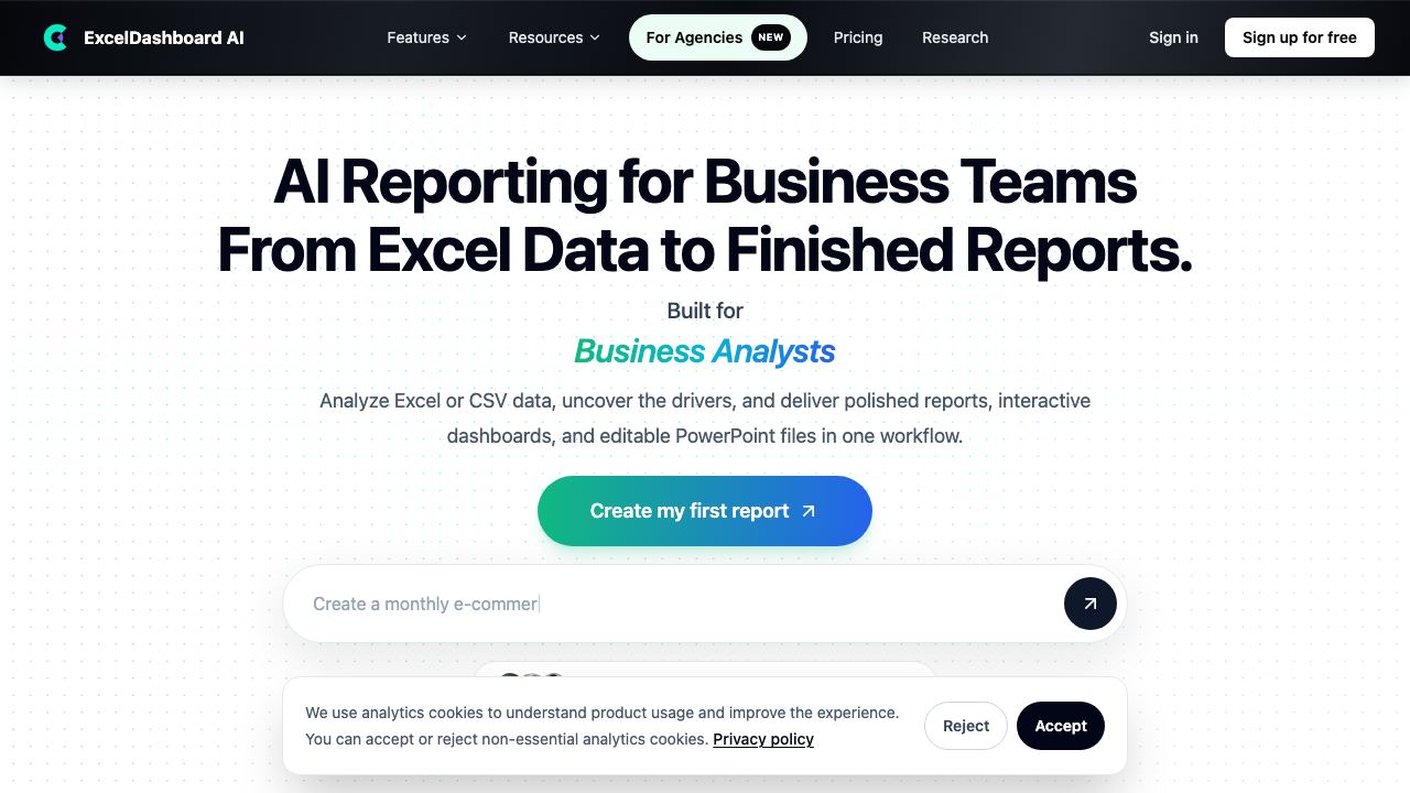 Excel Dashboard Ai website screenshot