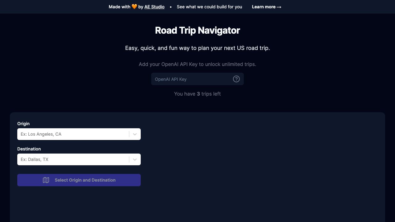 Road Trip Navigator website screenshot