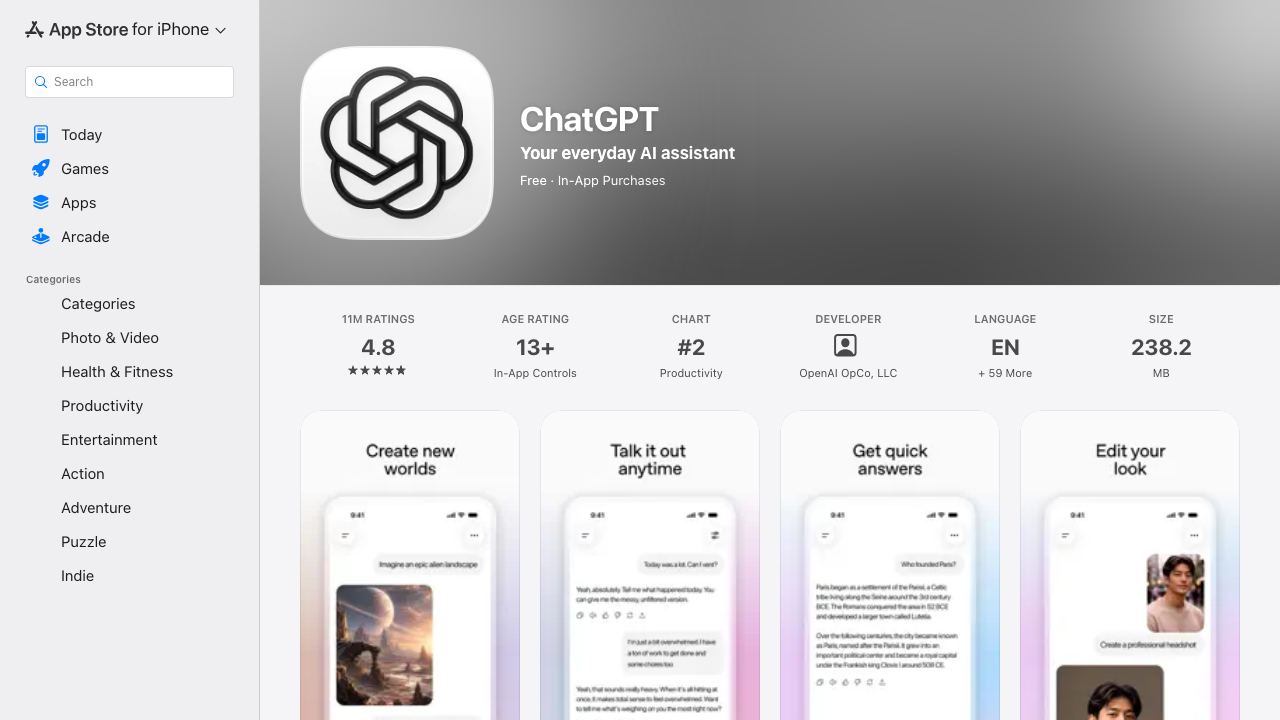 OpenAI Official ChatGPT iOS APP 网站截图