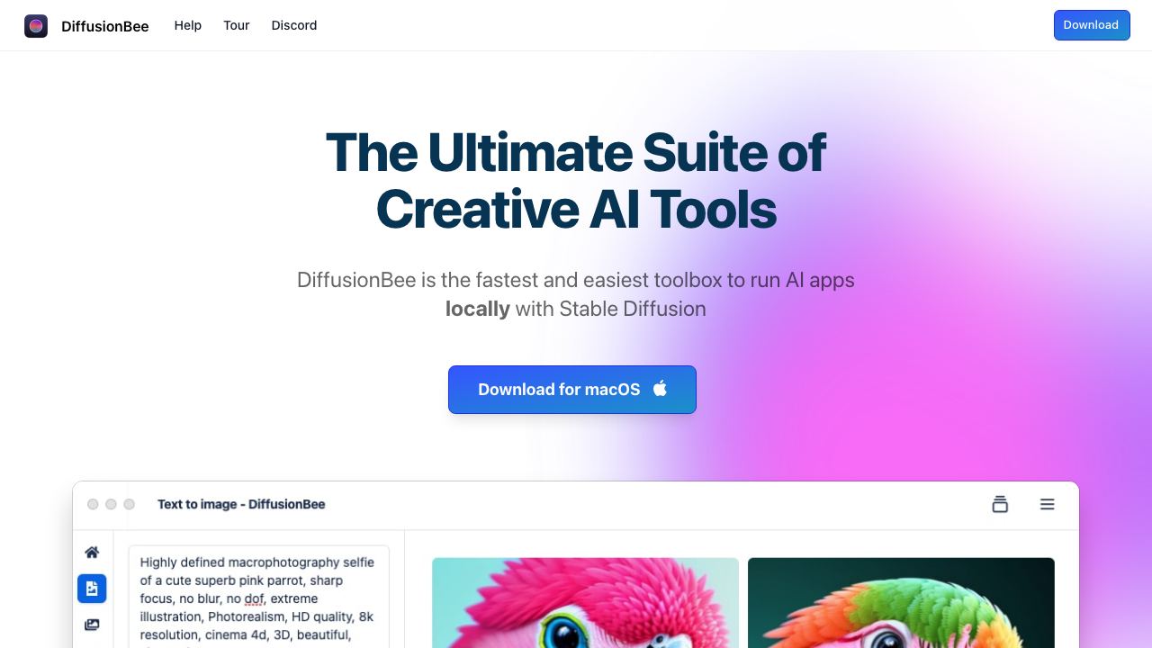 DiffusionBee website screenshot