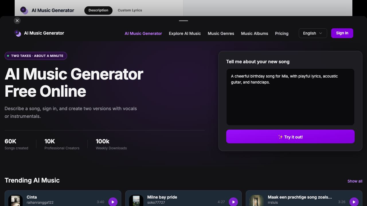 Udio AI Music Generator 网站截图