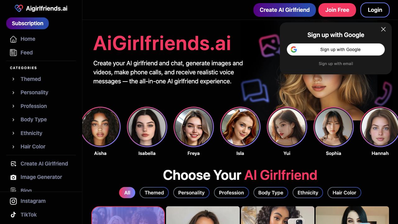 aigirlfriends.ai website screenshot
