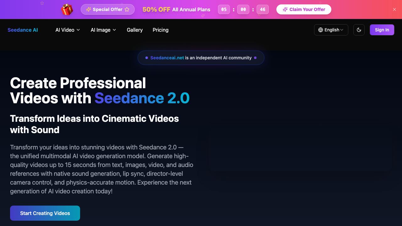 Seedance AI Video Generator - Professional Videos 网站截图