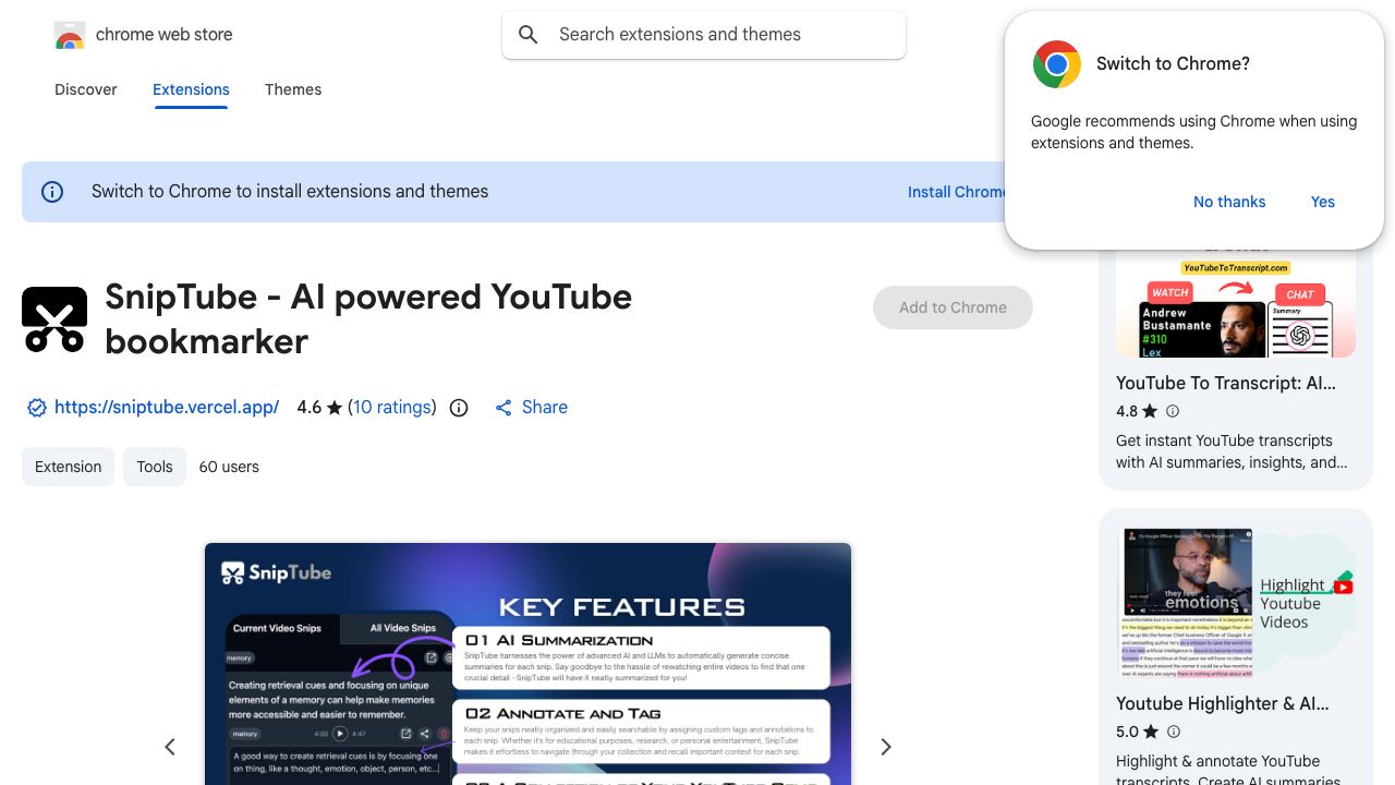 SnipTube - AI powered YouTube bookmarker 网站截图