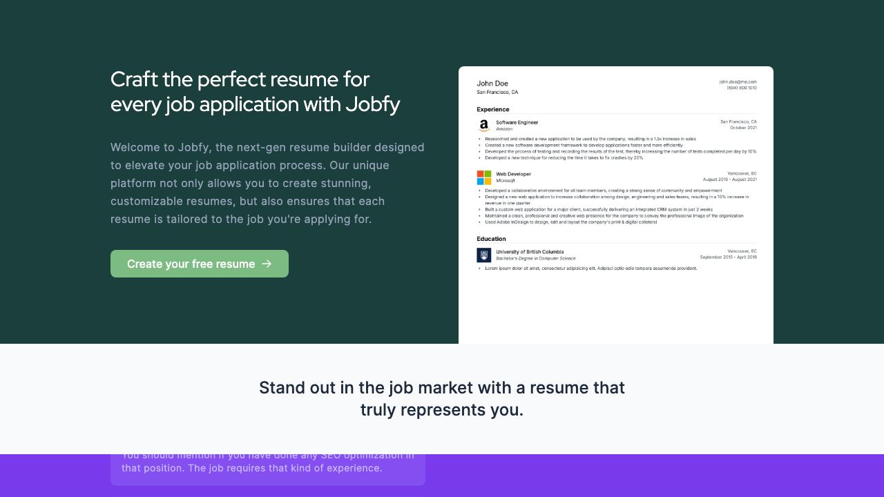 Jobfy - New gen resume builder website screenshot