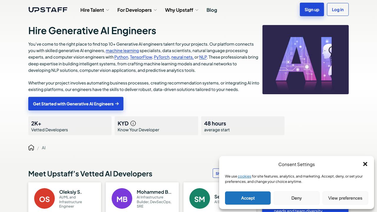 Hire AI Developers with Upstaff.com 网站截图