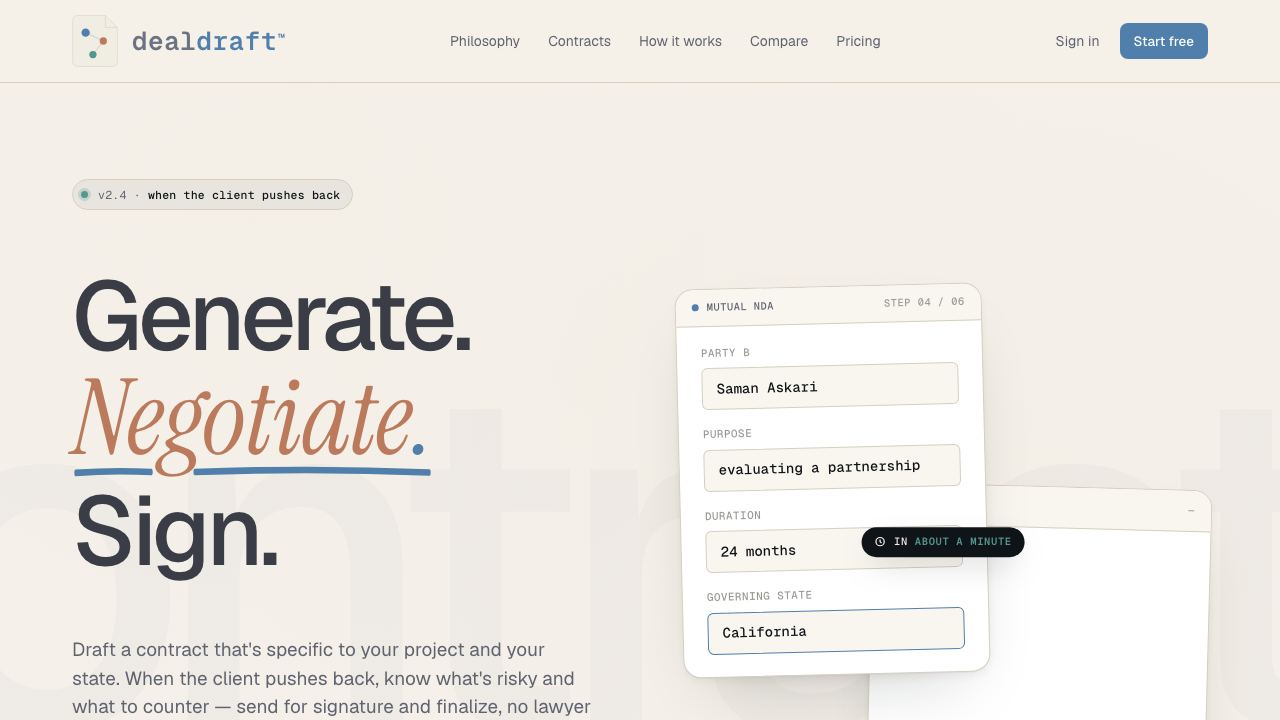 DealDraft AI website screenshot