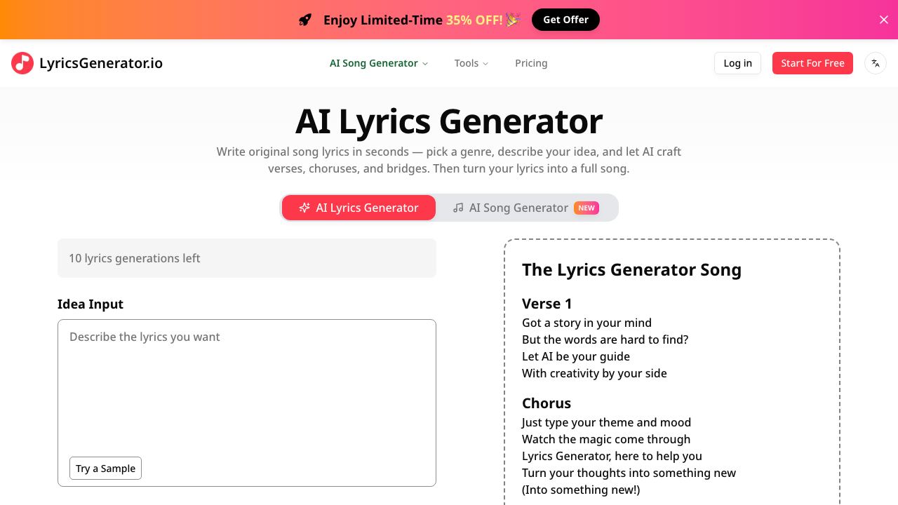LyricsGenerator.io 网站截图