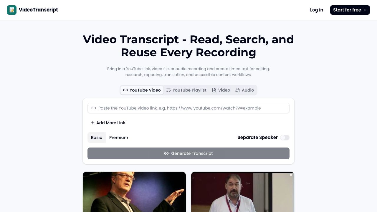 videotranscript.ai website screenshot