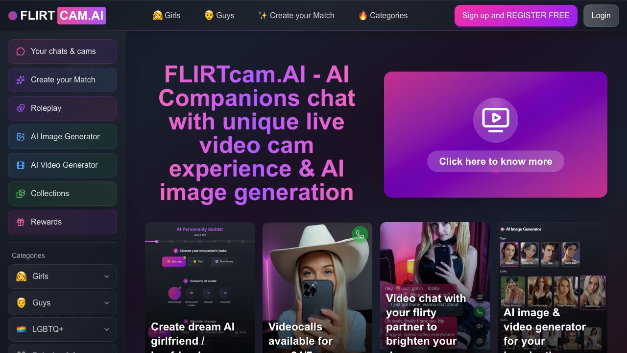 FLIRTcam.ai - unique video AI girlfriend & boyfriend 网站截图