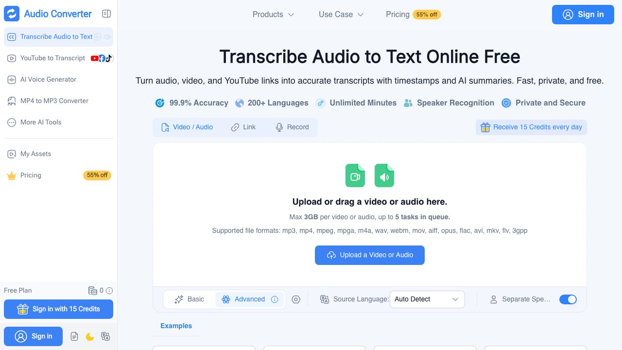 Transcribe Audio to Text 网站截图
